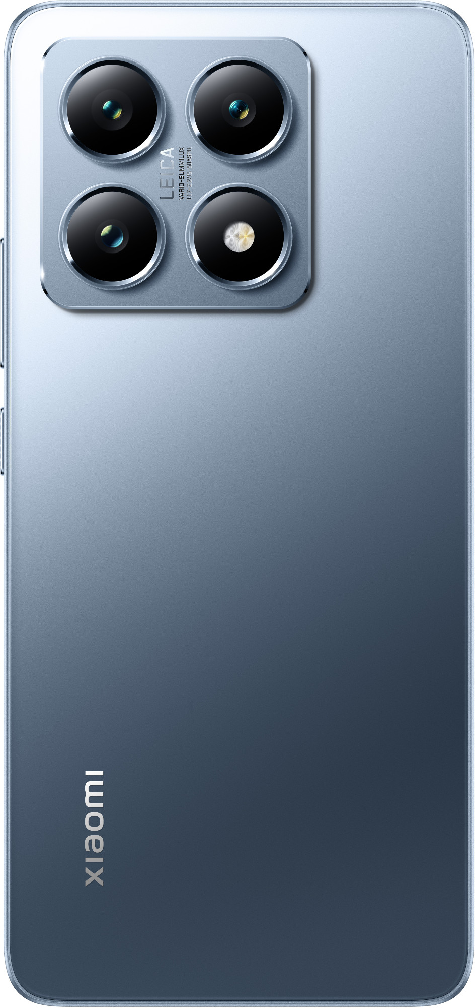 Niebieski tył smartfona z czterema obiektywami i marką Leica. Logo Xiaomi na dole.