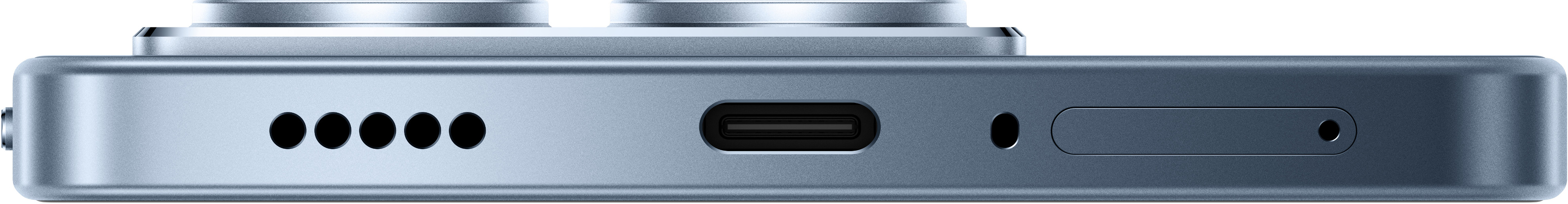 Zbliżenie dołu niebieskiego telefonu z portem USB-C.