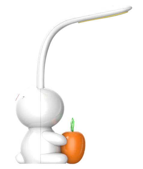 Biała lampa z królikiem trzymającym pomarańczową marchewkę. Nowoczesny design.