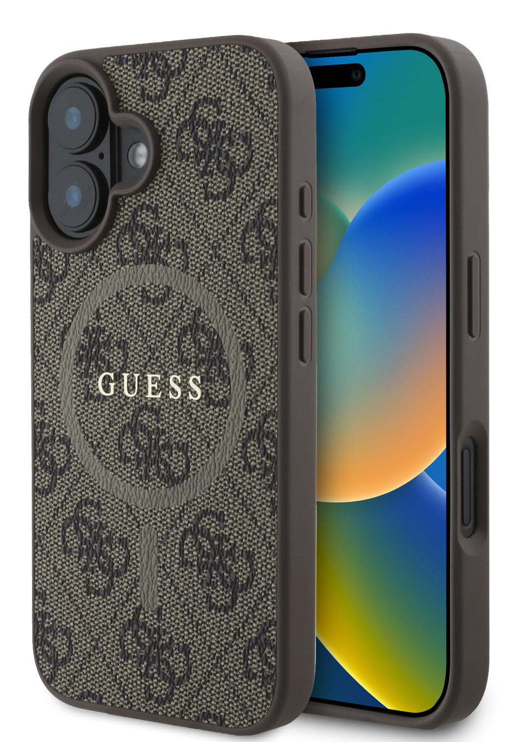 Brązowe etui Guess z logo i telefon z kolorową tapetą. Białe tło.