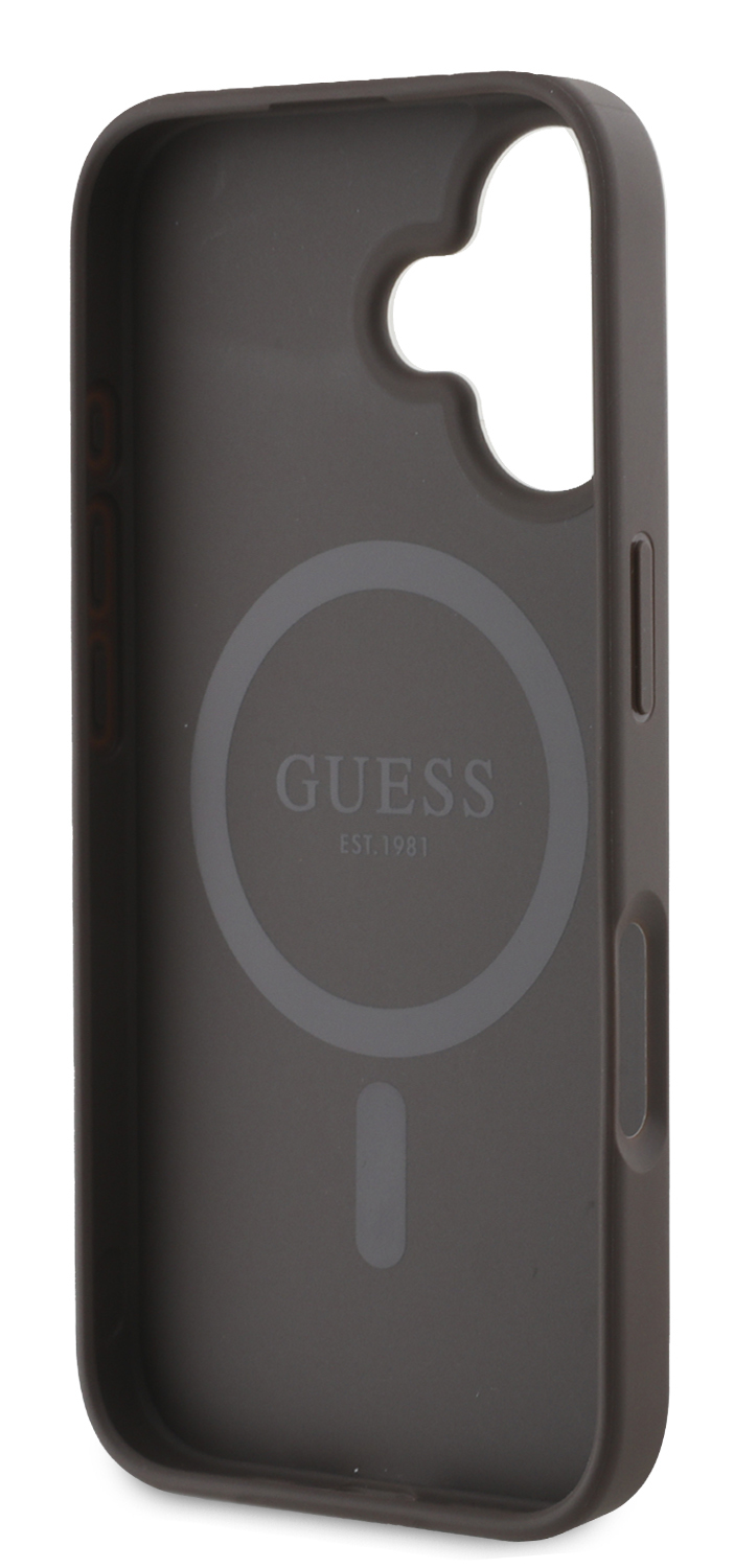 Wnętrze brązowego etui na telefon Guess, widoczne logo marki.