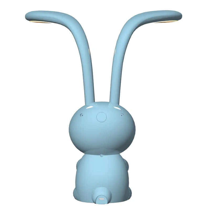 Niebieska lampka biurkowa w kształcie królika z dwoma zakrzywionymi ramionami.