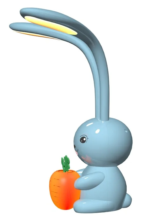 Niebieska lampa biurkowa w kształcie królika z marchewką. Ma dwa zakrzywione światła.