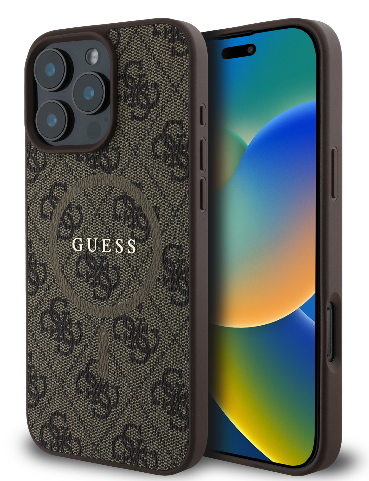 Brązowe etui na telefon Guess z brązowym telefonem w środku. Na etui nadrukowano logo Guess.