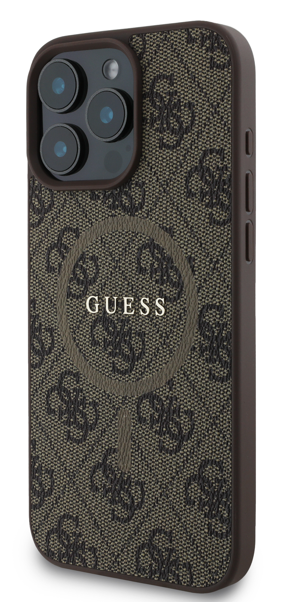 Brązowe i beżowe etui Guess na iPhone'a, wzór logo i wbudowany aparat.