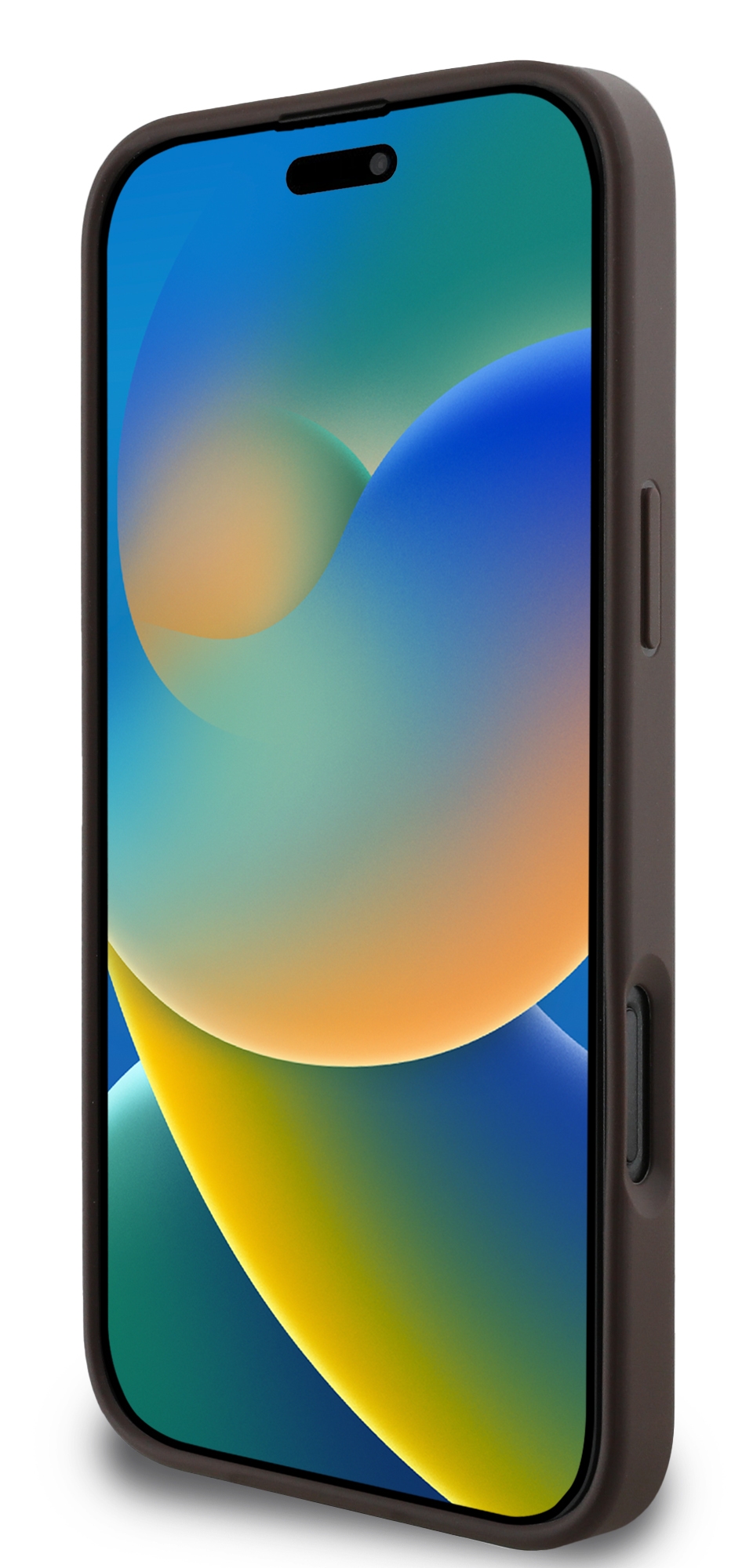 Brązowy telefon w etui, widok pod kątem. Ekran ma kolorową tapetę.