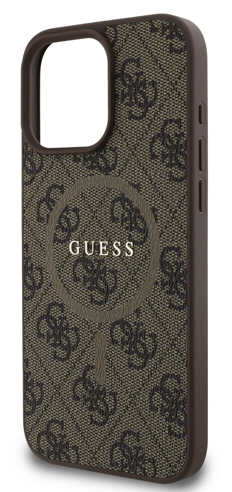 Etui na telefon z wzorem logo Guess. Jest brązowe z okrągłym logo i napisem GUESS.