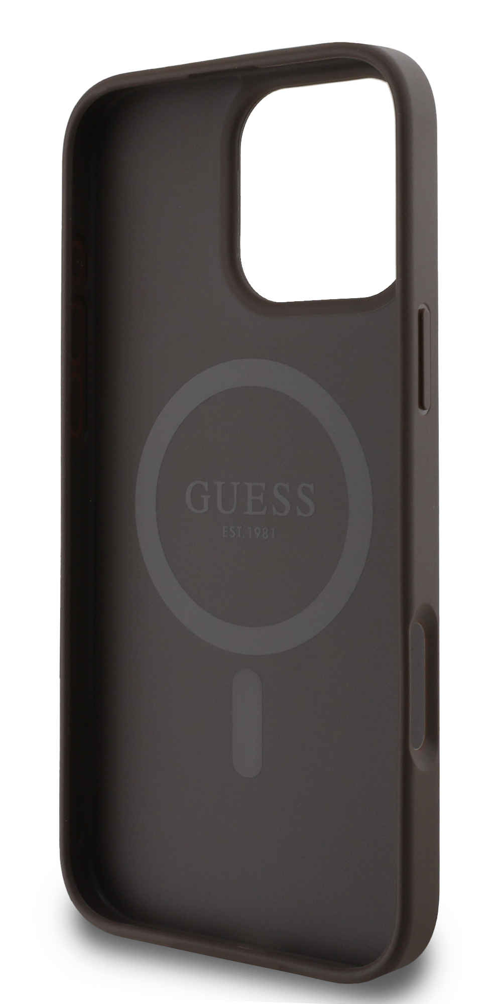 Brązowe etui na telefon z logo Guess i okrągłym obszarem magnetycznym.