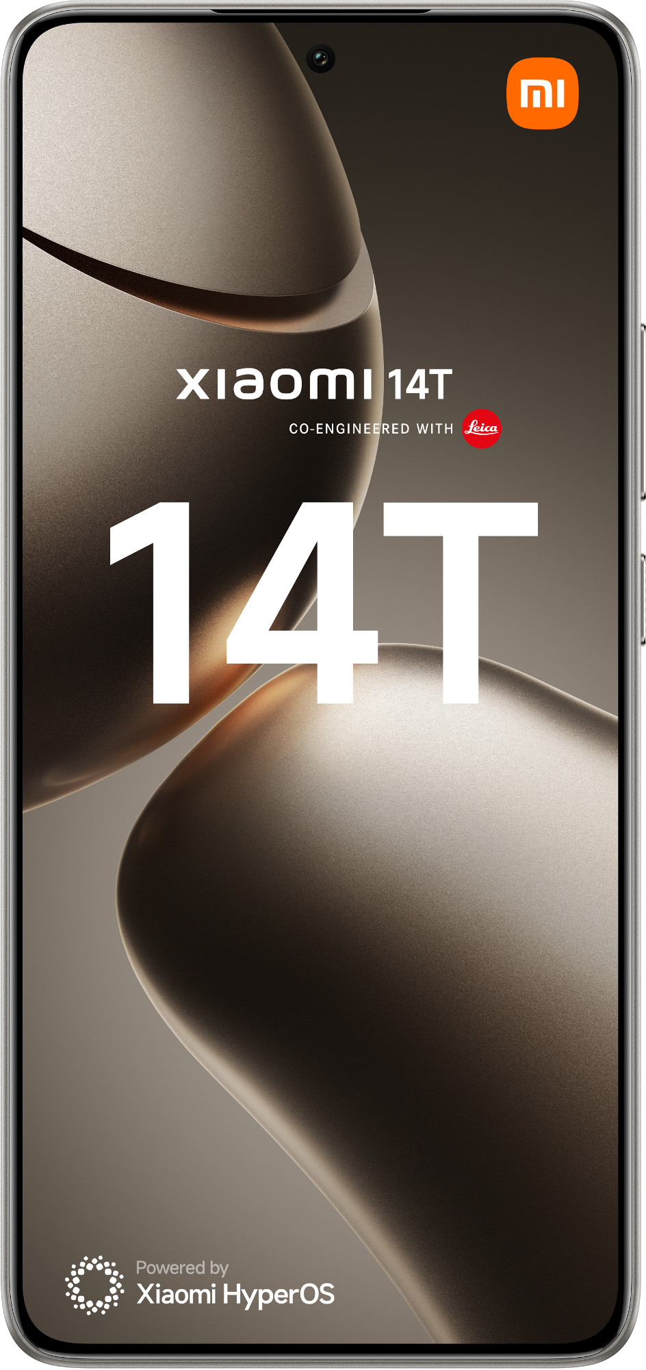 Telefon Xiaomi 14T, biały tekst na czarnym tle. Logo Leica. Marka HyperOS.