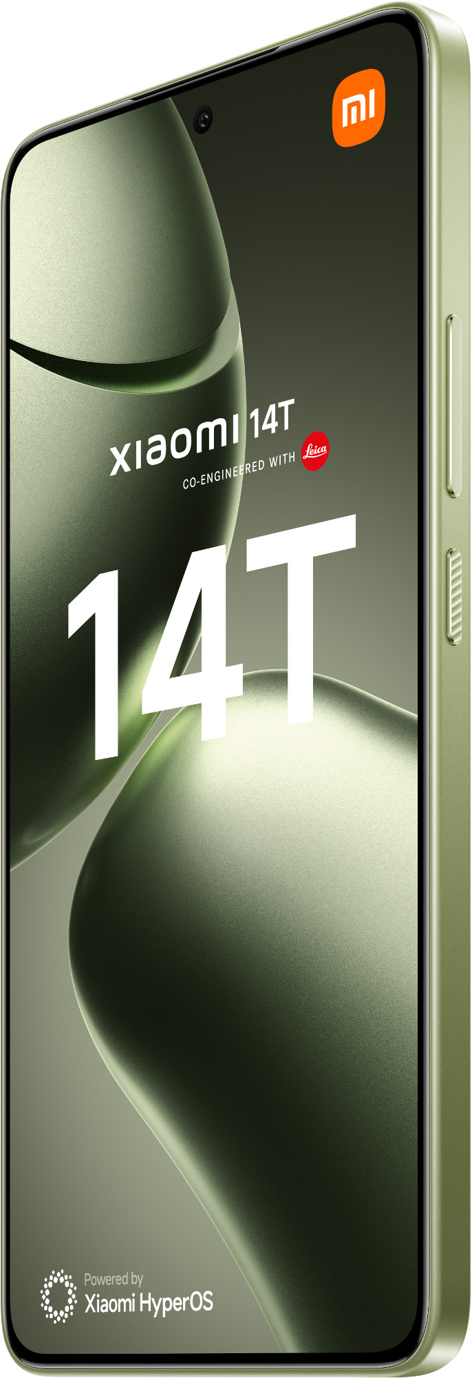Zielony telefon Xiaomi 14T pod kątem, pokazujący ekran i widok z boku z logo Xiaomi.