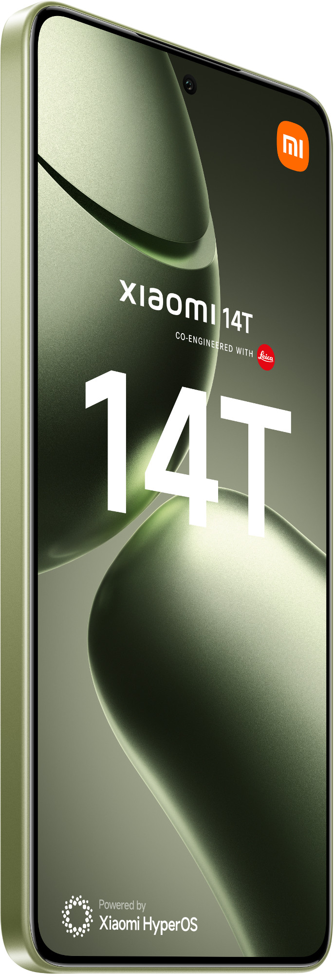 Zielony smartfon na białym tle, pokazujący Xiaomi 14T, Co-engineered with Leica i Powered by Xiaomi HyperOS.