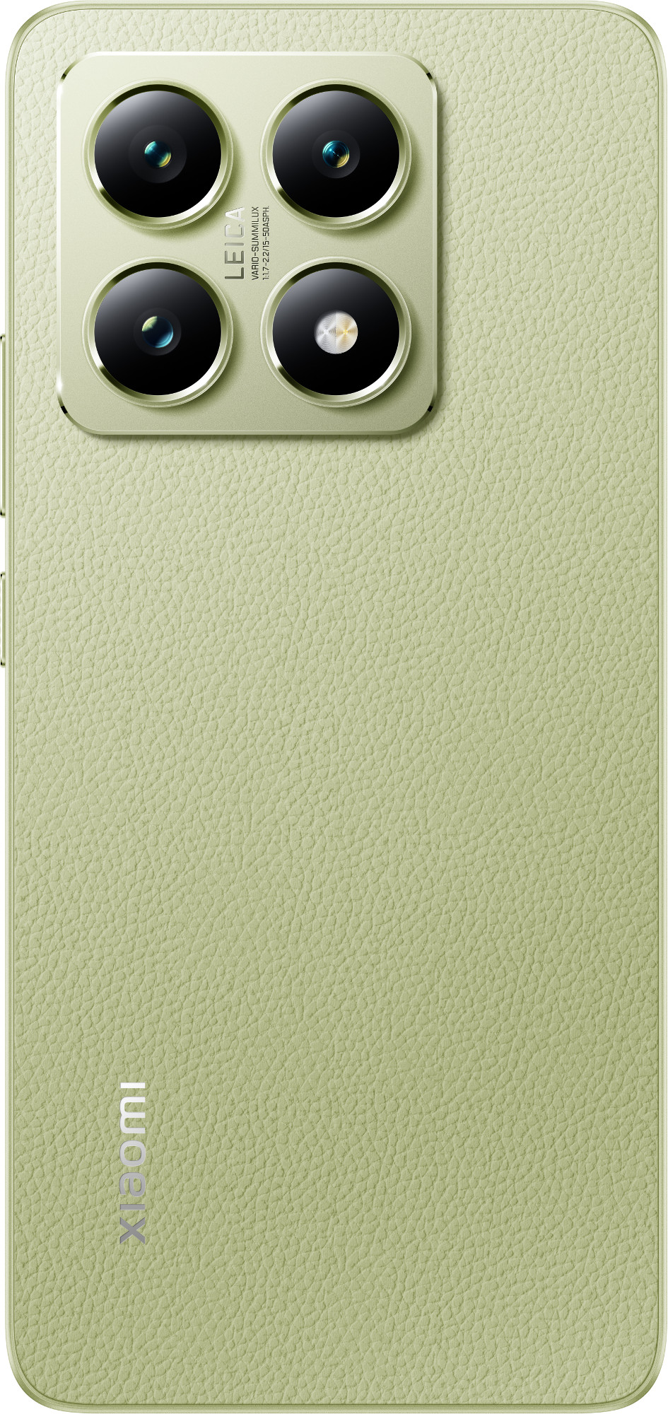 Tył zielonego telefonu z czterema obiektywami, logo Leica i marką Xiaomi.