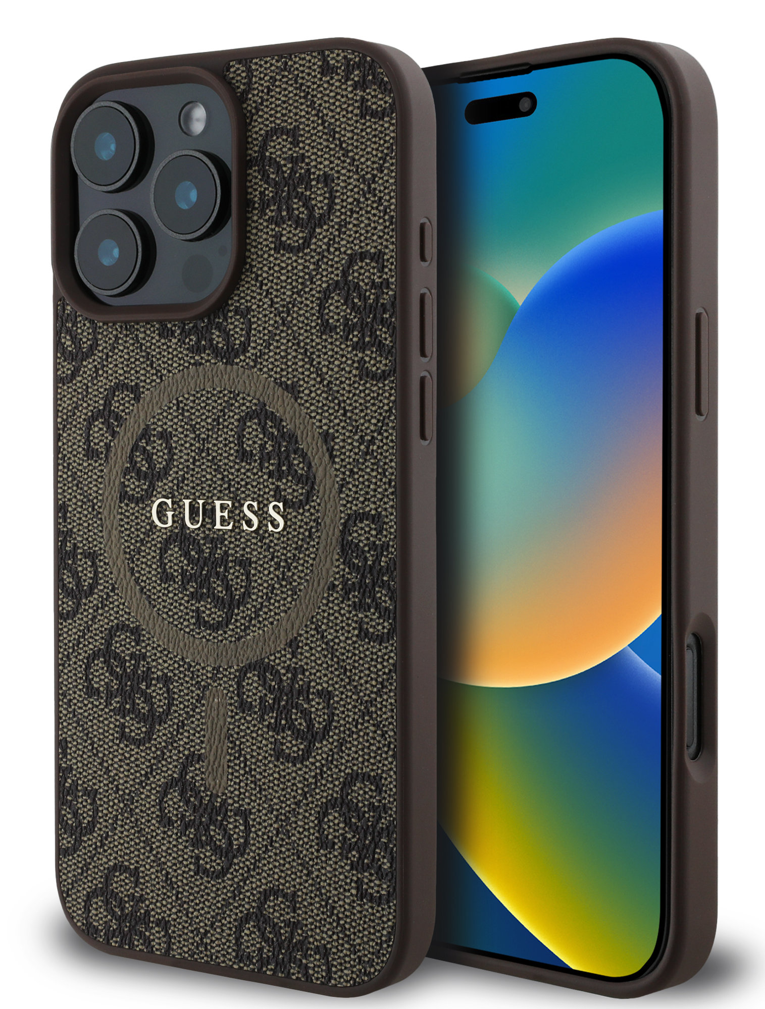 iPhone z brązowym etui Guess. Etui ma wzór logo. Ekran pokazuje niebiesko-turkusowy gradient.