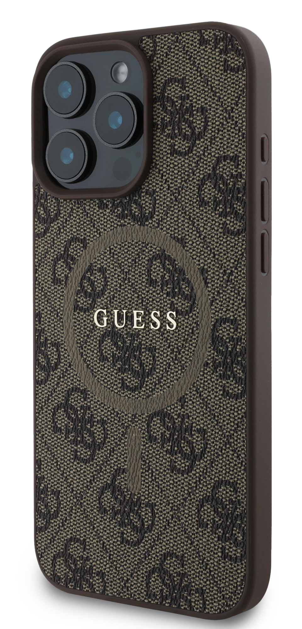 Etui na telefon z brązową fakturą skóry i logo Guess. Widoczne soczewki aparatu.