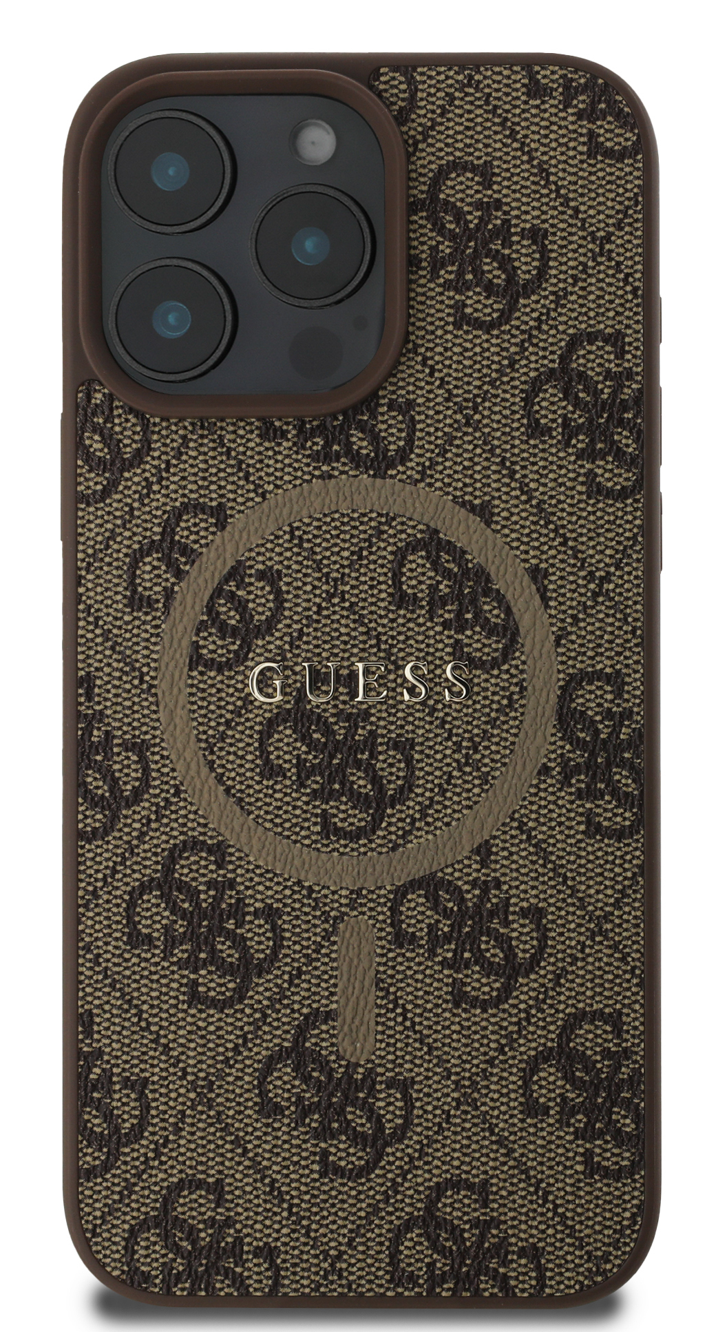 iPhone w brązowym etui GUESS z magnetycznym okręgiem i logo GUESS.