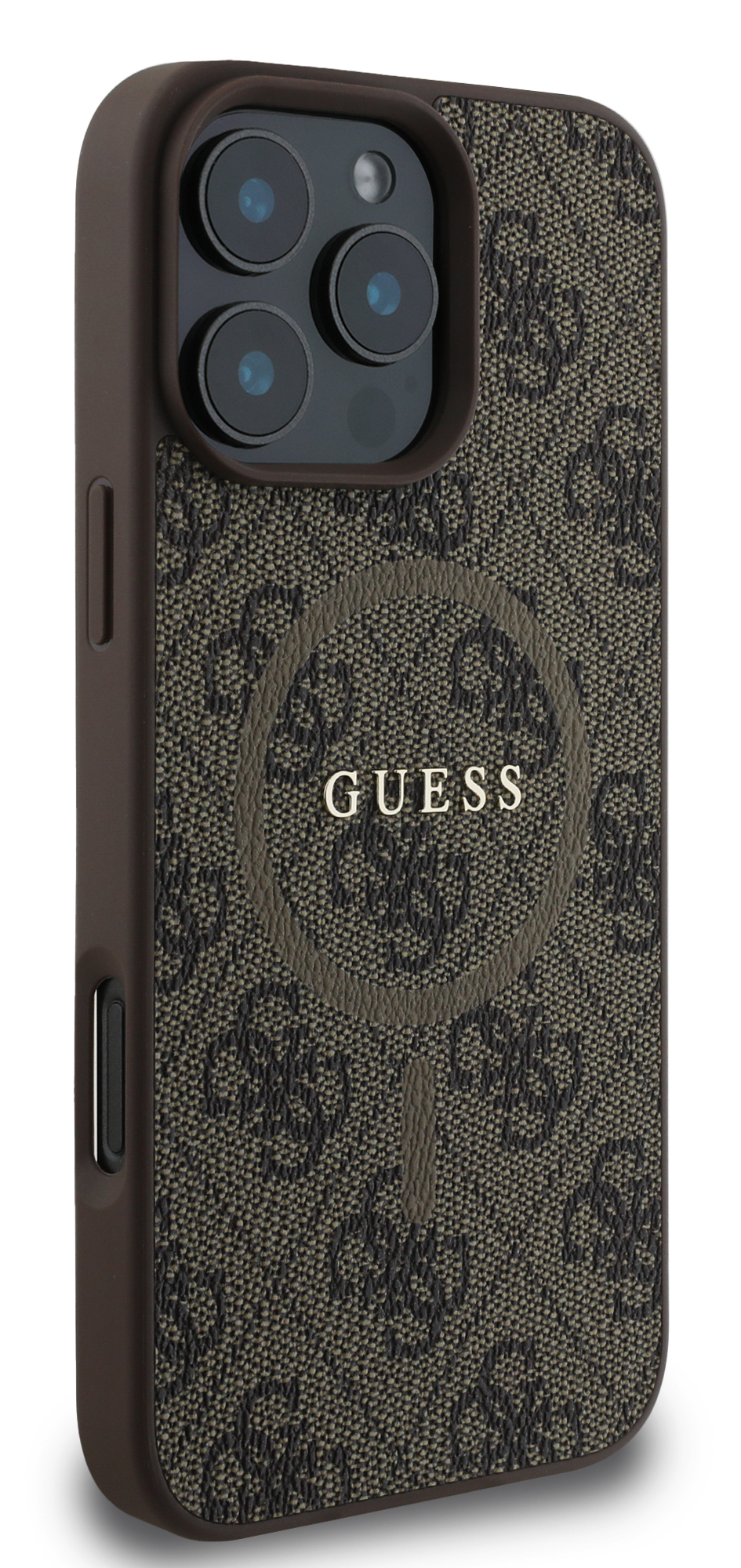 Brązowe etui na telefon z logo Guess i wieloma obiektywami aparatu.