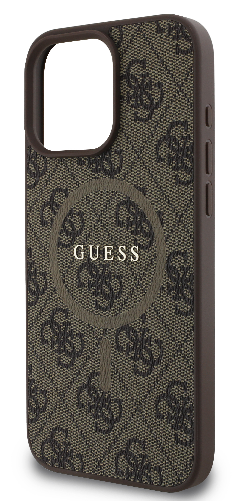 Etui na telefon z wzorem logo Guess i brązową obwódką.