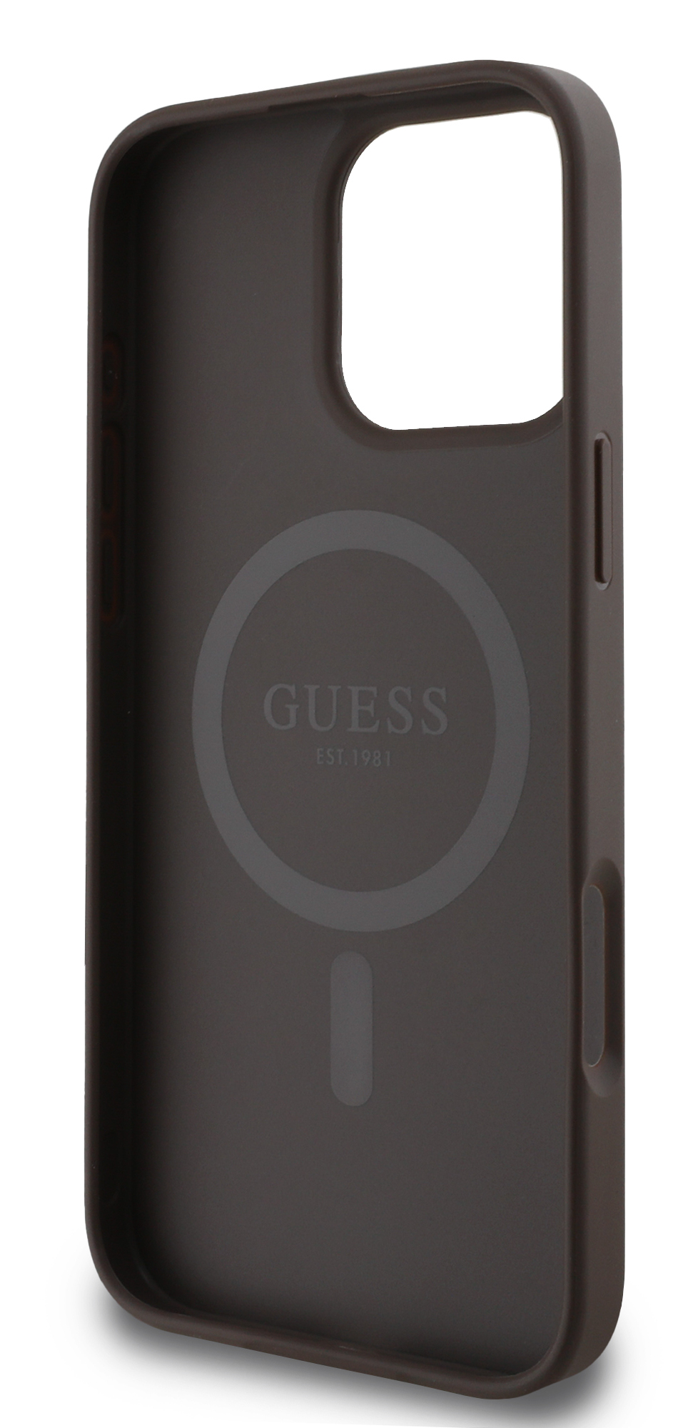 Widok wewnętrzny brązowego etui na telefon z logo Guess.