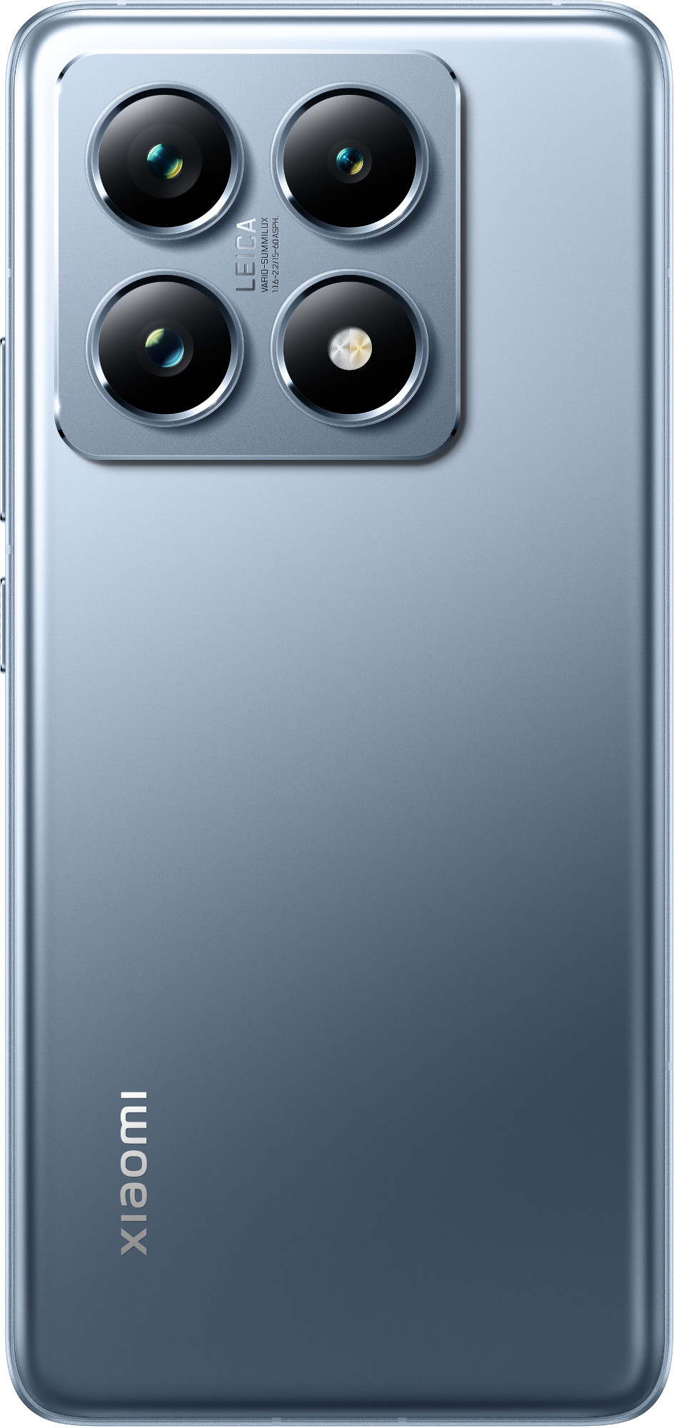 Tył telefonu Xiaomi z czterema obiektywami. Telefon jest niebieski z logo Xiaomi na dole.