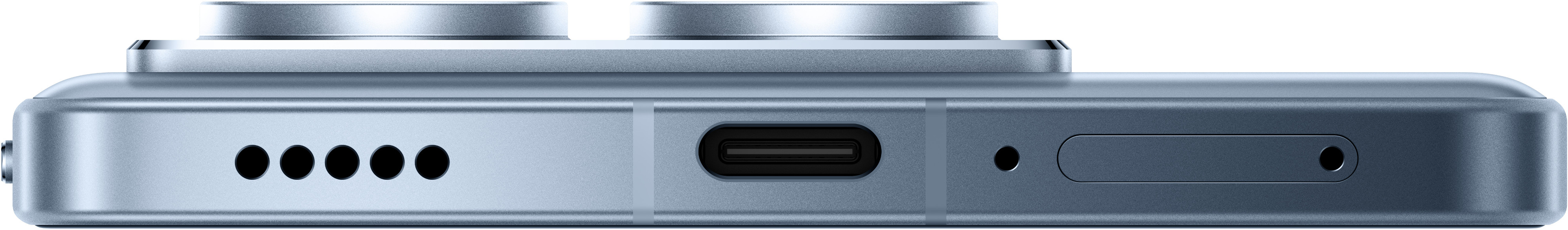 Zbliżenie dolnej krawędzi niebieskiego telefonu z otworami głośnikowymi i USB-C.