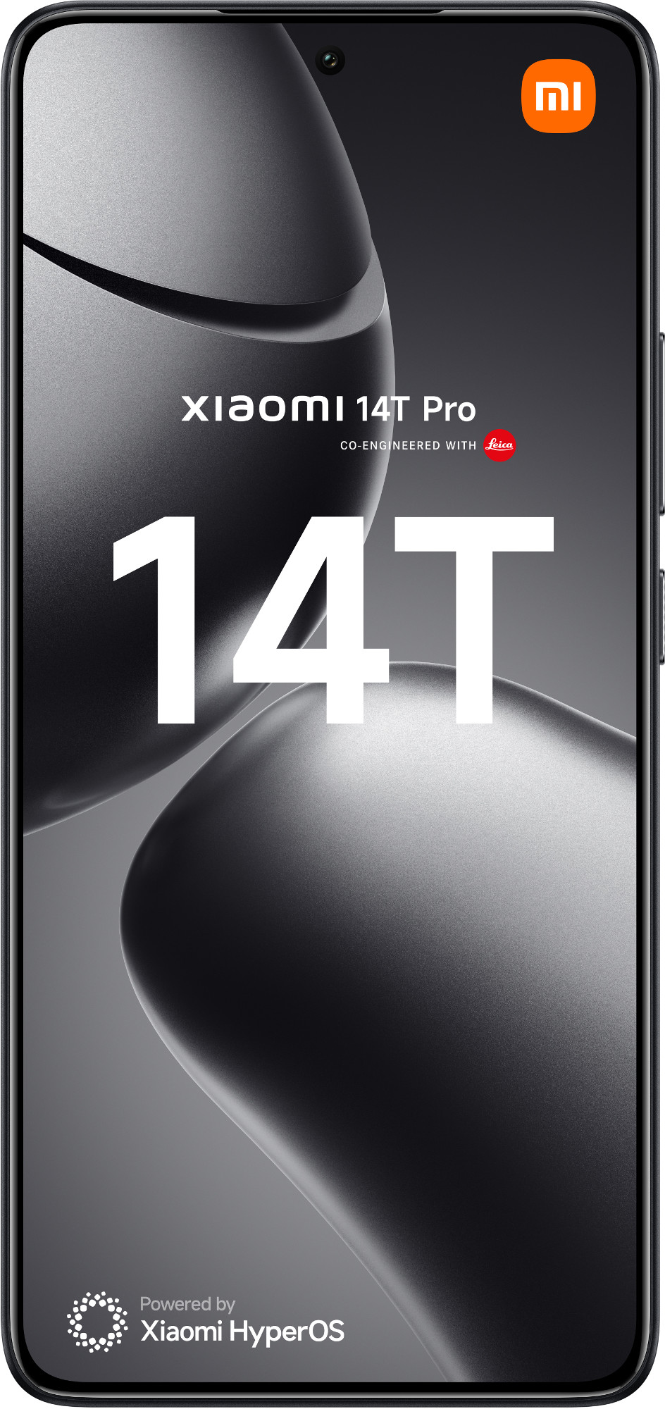 Czarny smartfon z napisem Xiaomi 14T Pro i logo Xiaomi HyperOS.