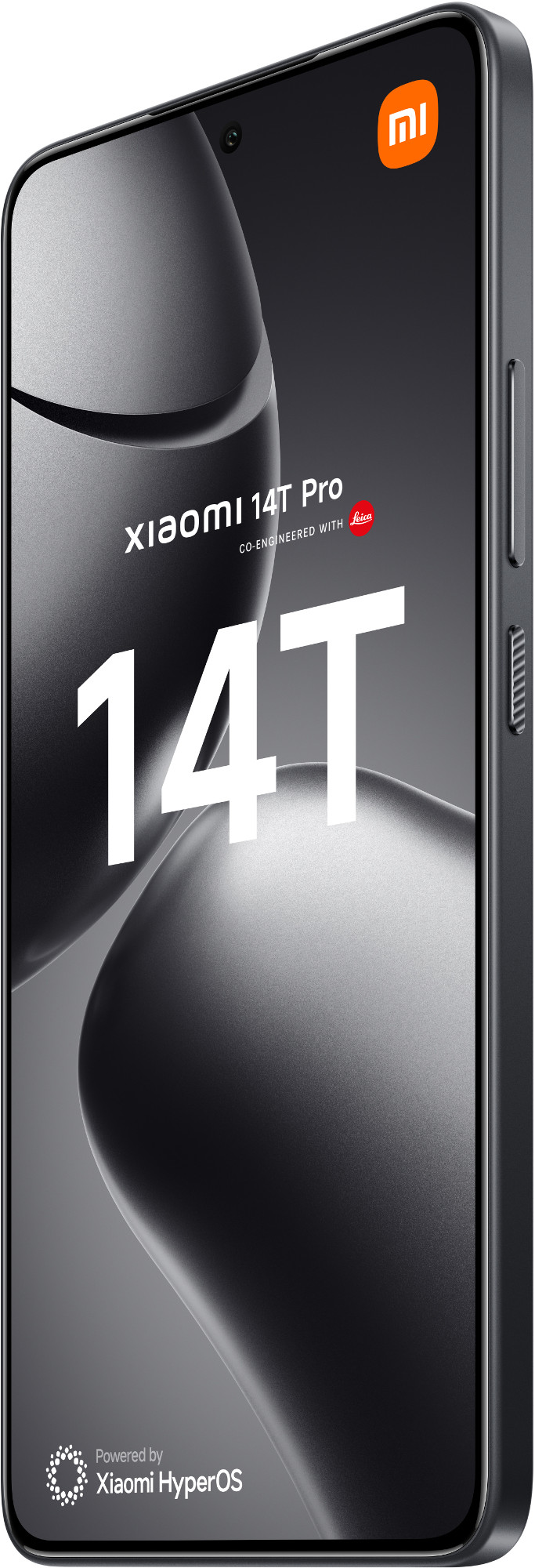 Telefon Xiaomi 14T Pro w etui. Ekran wyświetla nazwę telefonu. Tekst: Xiaomi 14T Pro.