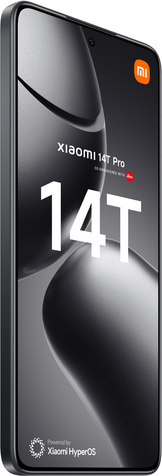 Czarny telefon Xiaomi 14T Pro, przechylony w prawo. Ekran wyświetla szary gradient. Telefon ma pomarańczowe logo.