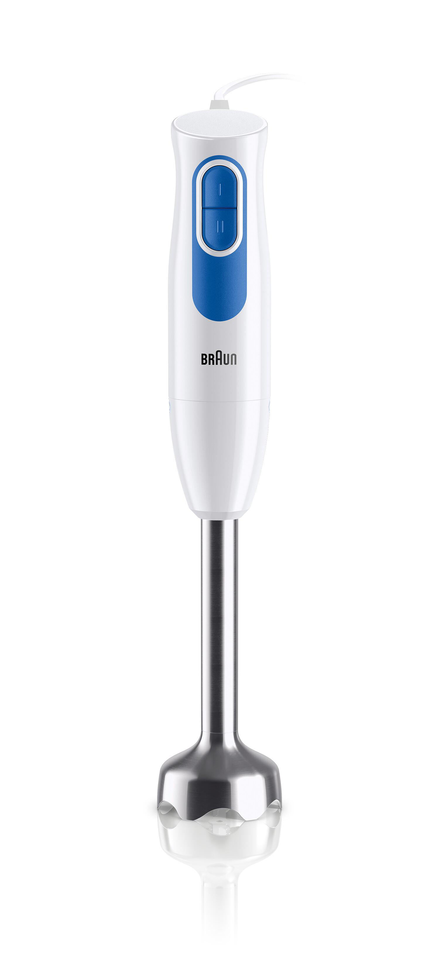 Weißer Braun-Handmixer mit blauem Knopf. Unten ist er aus Edelstahl.
