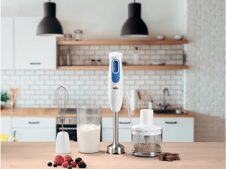 BRAUN Multiquick MQ 20.236M Pürierstab mit Zubehör-Set, 2 Geschwindigkeiten, Stabmixer Weiß/Blau (600 Watt, 500 ml Zerkleinerer, 600 Messbecher)