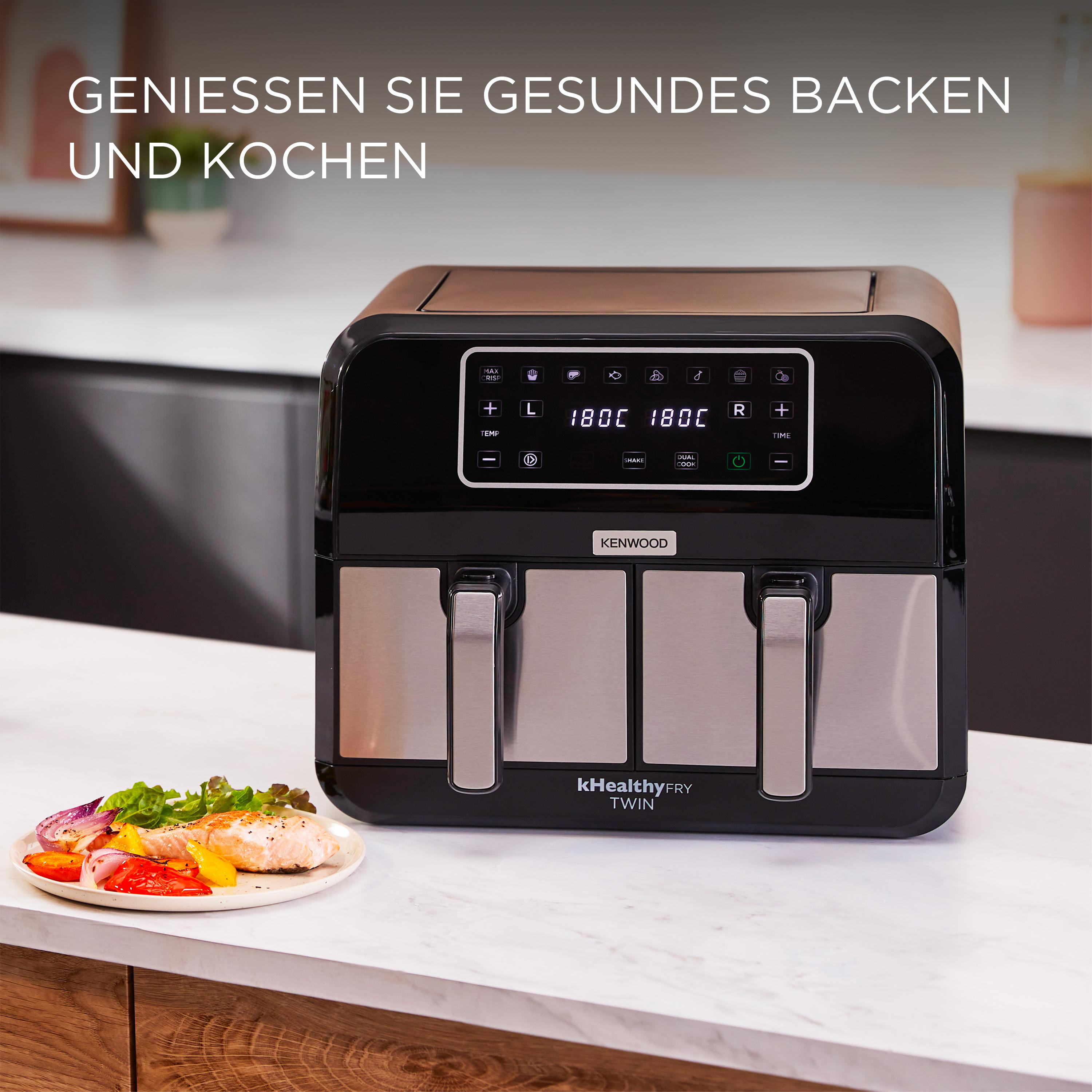 Schwarze und silberne Heißluftfritteuse mit Essen auf einem Teller, Text oben.