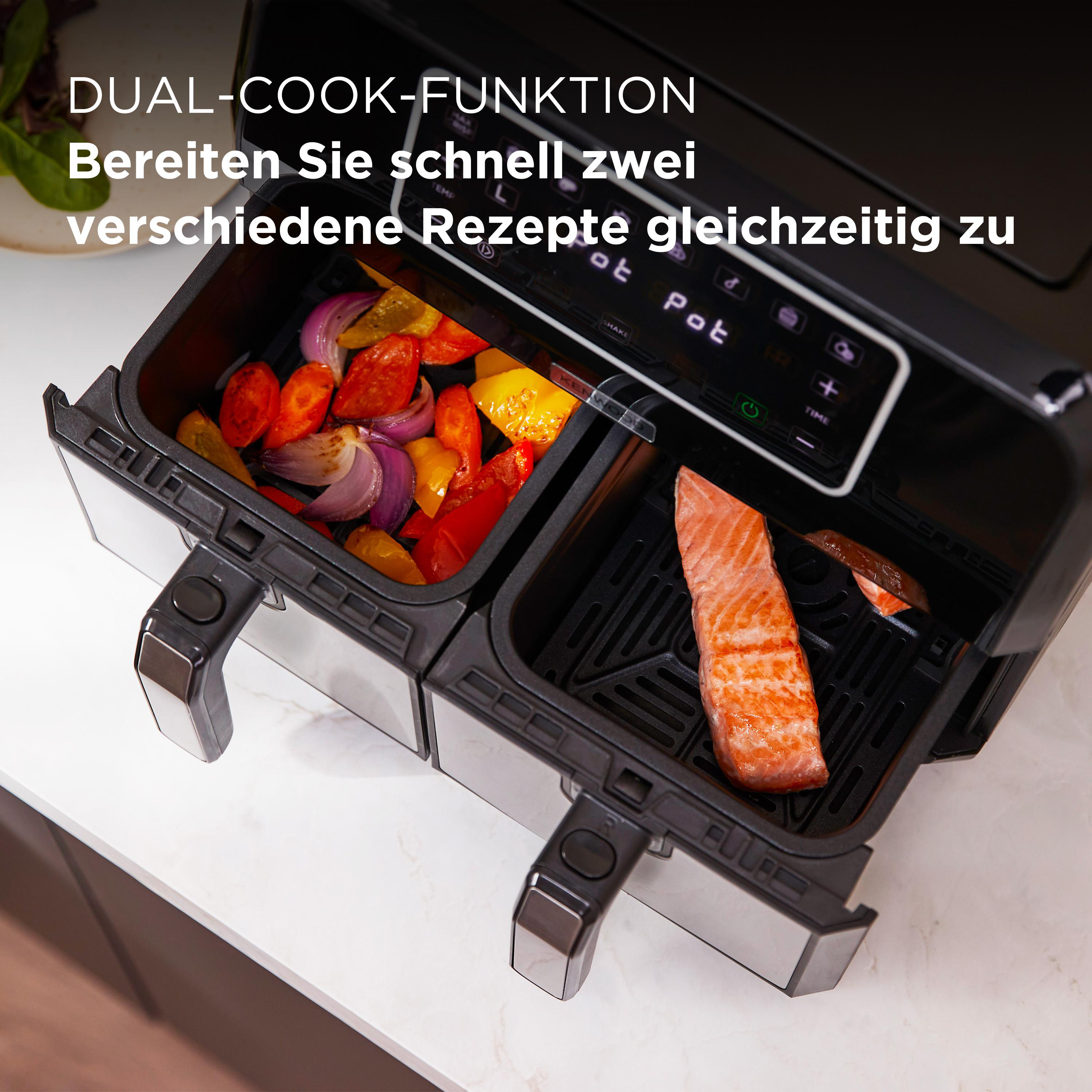 Eine Heißluftfritteuse mit zwei Körben mit Essen. Einer hat Gemüse, der andere Lachs.