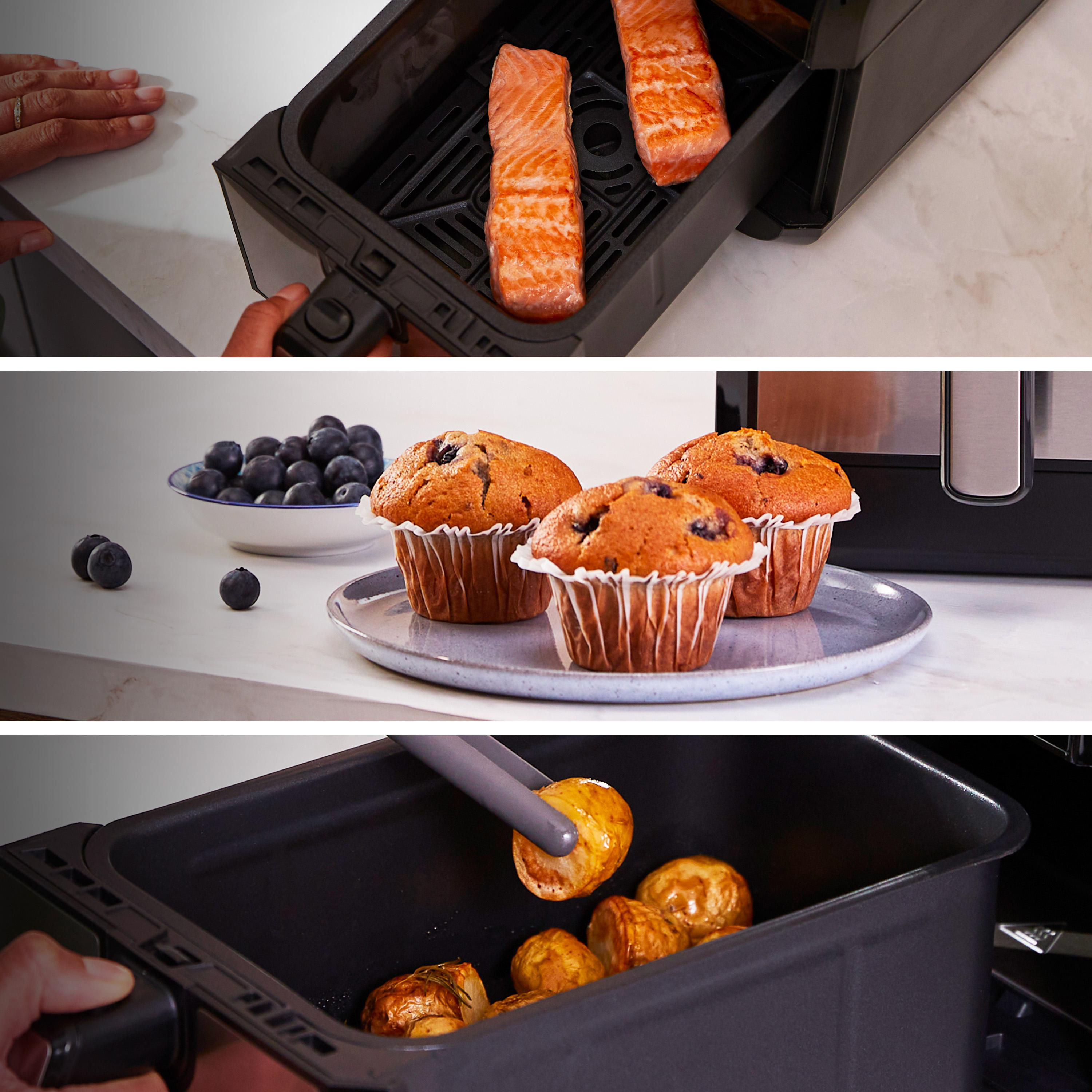 Lachs, Muffins und Kartoffeln in verschiedenen Garstufen, unter Verwendung einer Heißluftfritteuse.