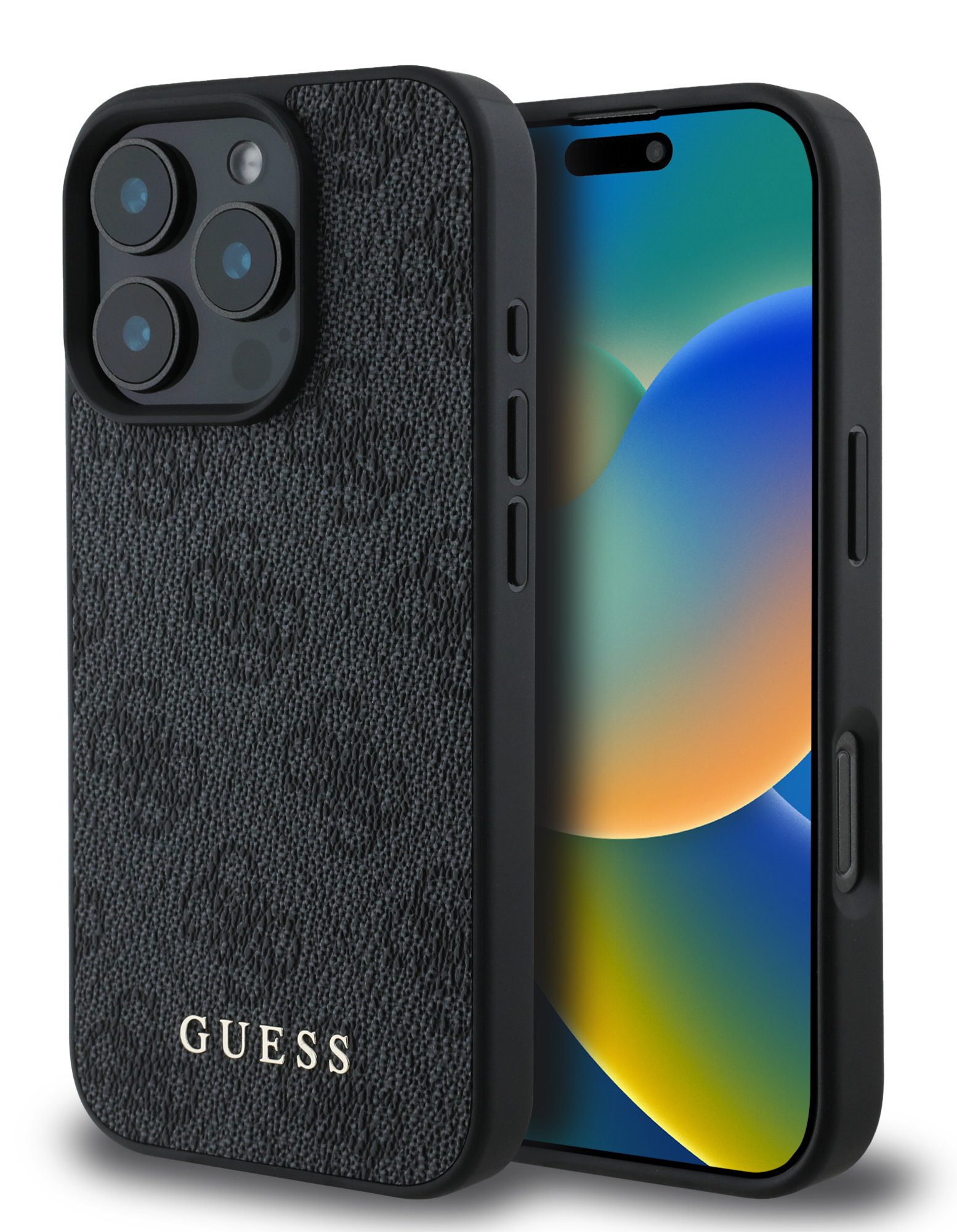 Czarna obudowa Guess do iPhone'a z teksturowanym tyłem i logo Guess. Ekran iPhone'a jest widoczny.
