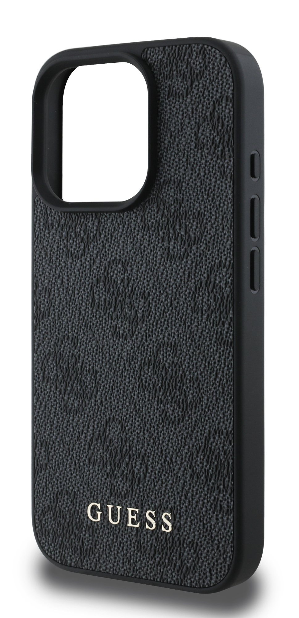 Czarne etui na telefon z teksturowaną powierzchnią i logo GUESS. Białe tło.