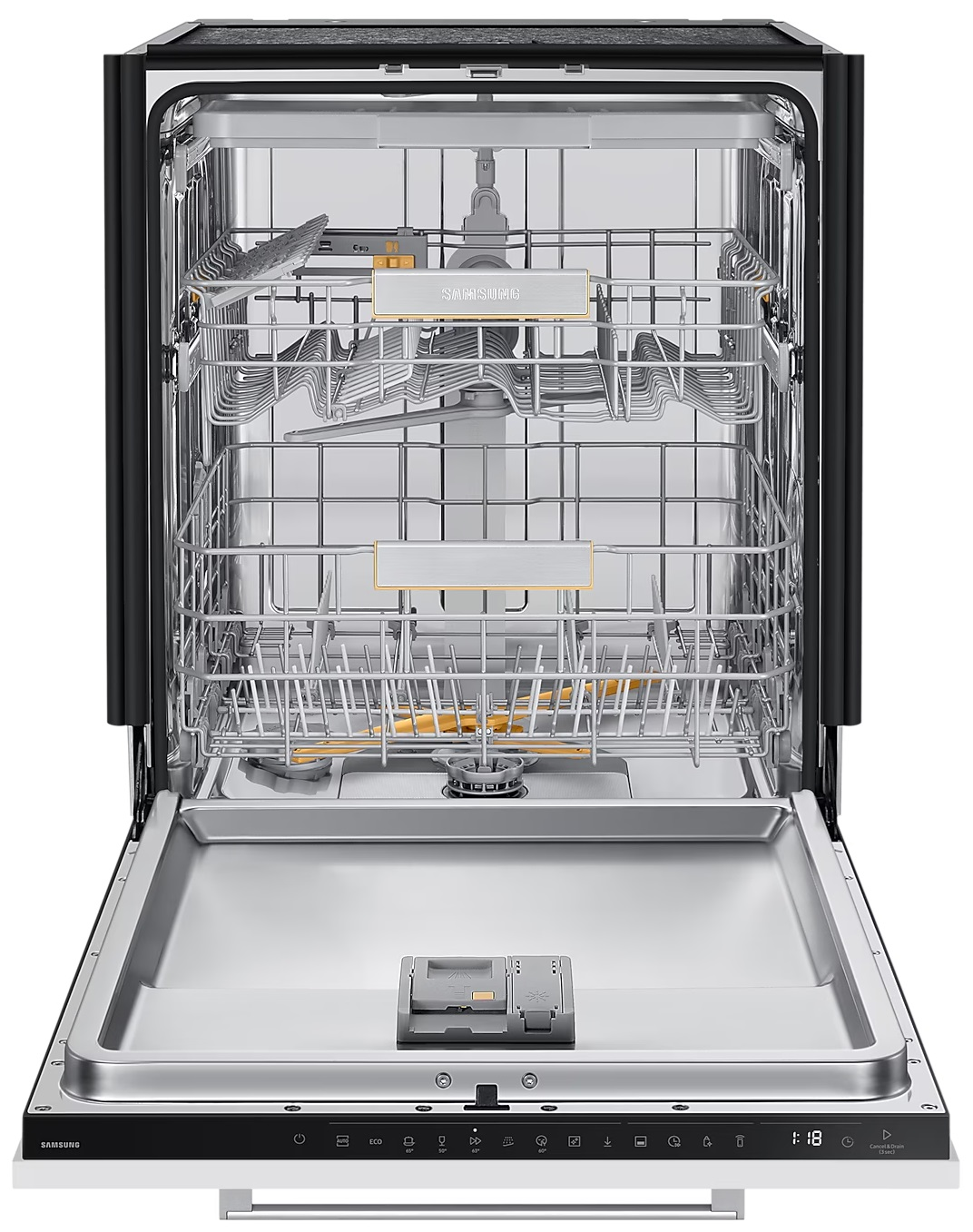 Otwarta zmywarka z półkami i logo Samsung.