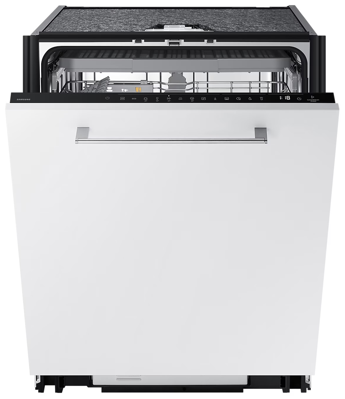 Biała zmywarka z otwartymi drzwiami. Wnętrze z koszami i elementami sterowania.