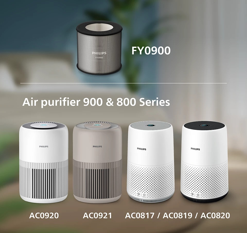 Różne oczyszczacze powietrza z serii Philips 900 i 800, z filtrem powietrza w lewym górnym rogu.