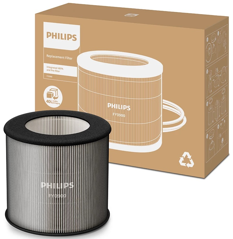 Filtr i pudełko oczyszczacza powietrza Philips, ze szczegółami produktu i ilustracją filtra.
