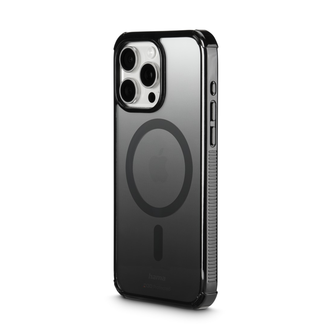 Ein schwarzes iPhone mit einer transparenten Schutzhülle. Die Hülle hat einen schwarzen Rand und einen Magnetkreis auf der Rückseite.