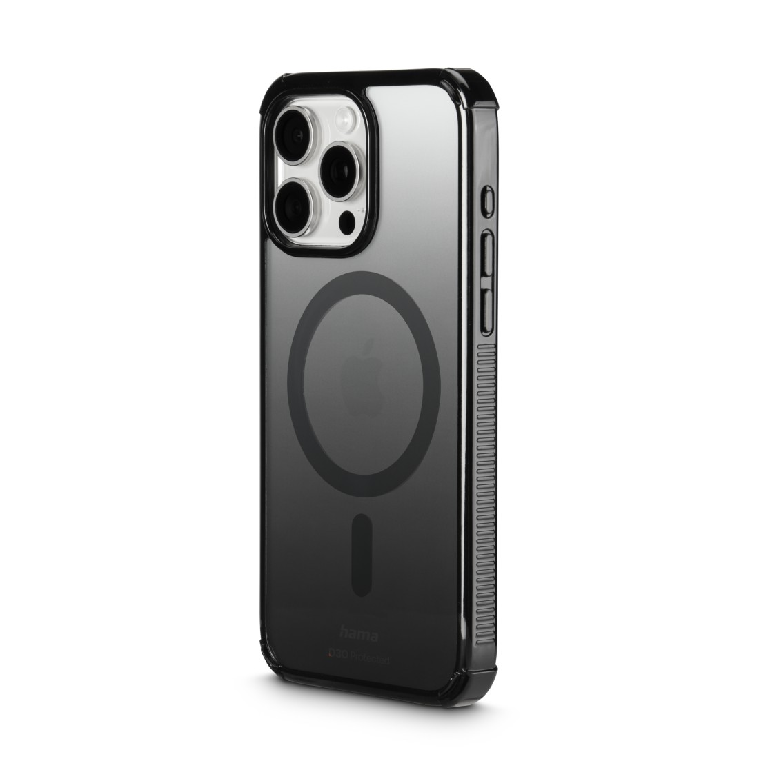 Schwarze iPhone-Hülle, transparente Rückseite mit MagSafe-Kreis, schwarzer Rahmen.