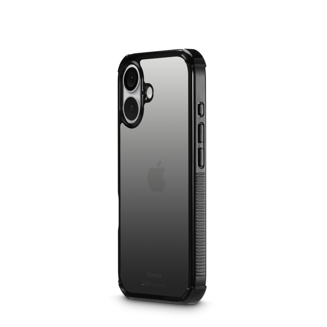 Handyhülle mit durchsichtigem Rücken und schwarzem Rahmen. Das Apple-Logo ist sichtbar.