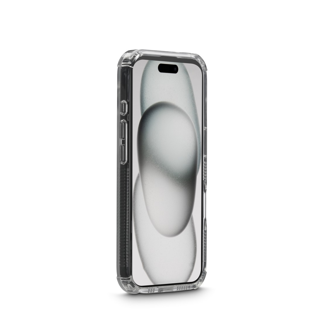Smartphone in einer transparenten Hülle. Die Hülle hat schwarze Ränder und ist auf weißem Hintergrund.