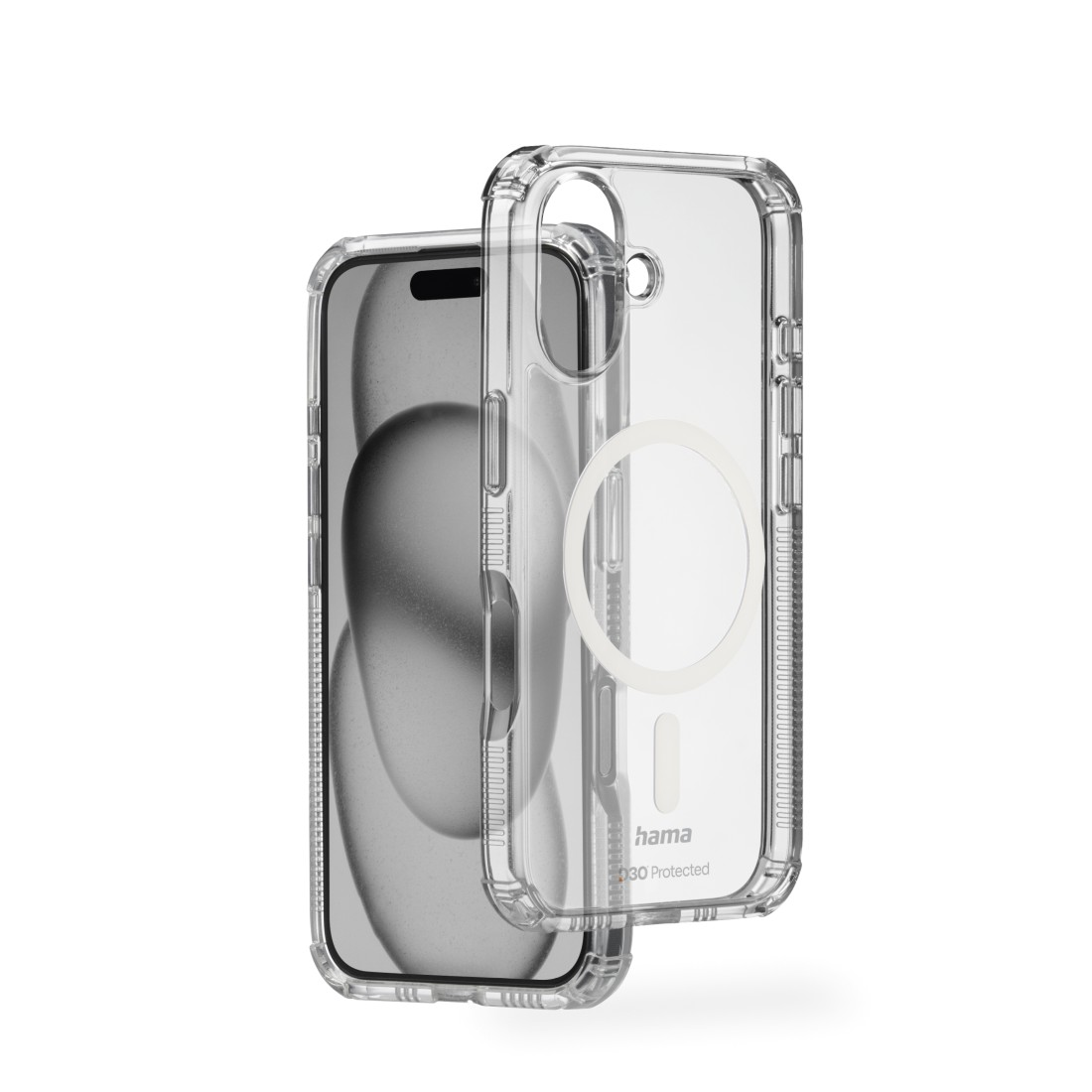 Transparente Handyhülle mit weißem, kreisförmigem MagSafe-Ladeelement.