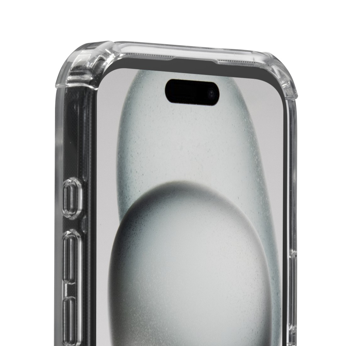 Nahaufnahme eines Telefons in einer transparenten Hülle mit Notch.