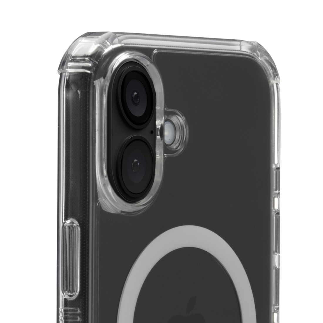 Nahaufnahme eines iPhones mit transparentem Case. Dual-Kameras und Apple-Logo. Weißer Hintergrund.