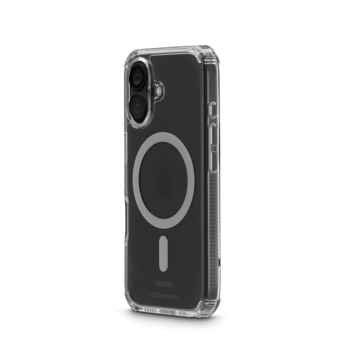 Transparente Handyhülle mit schwarzem MagSafe-Ring und Kameraausschnitten. Schwarzes Telefon innen.