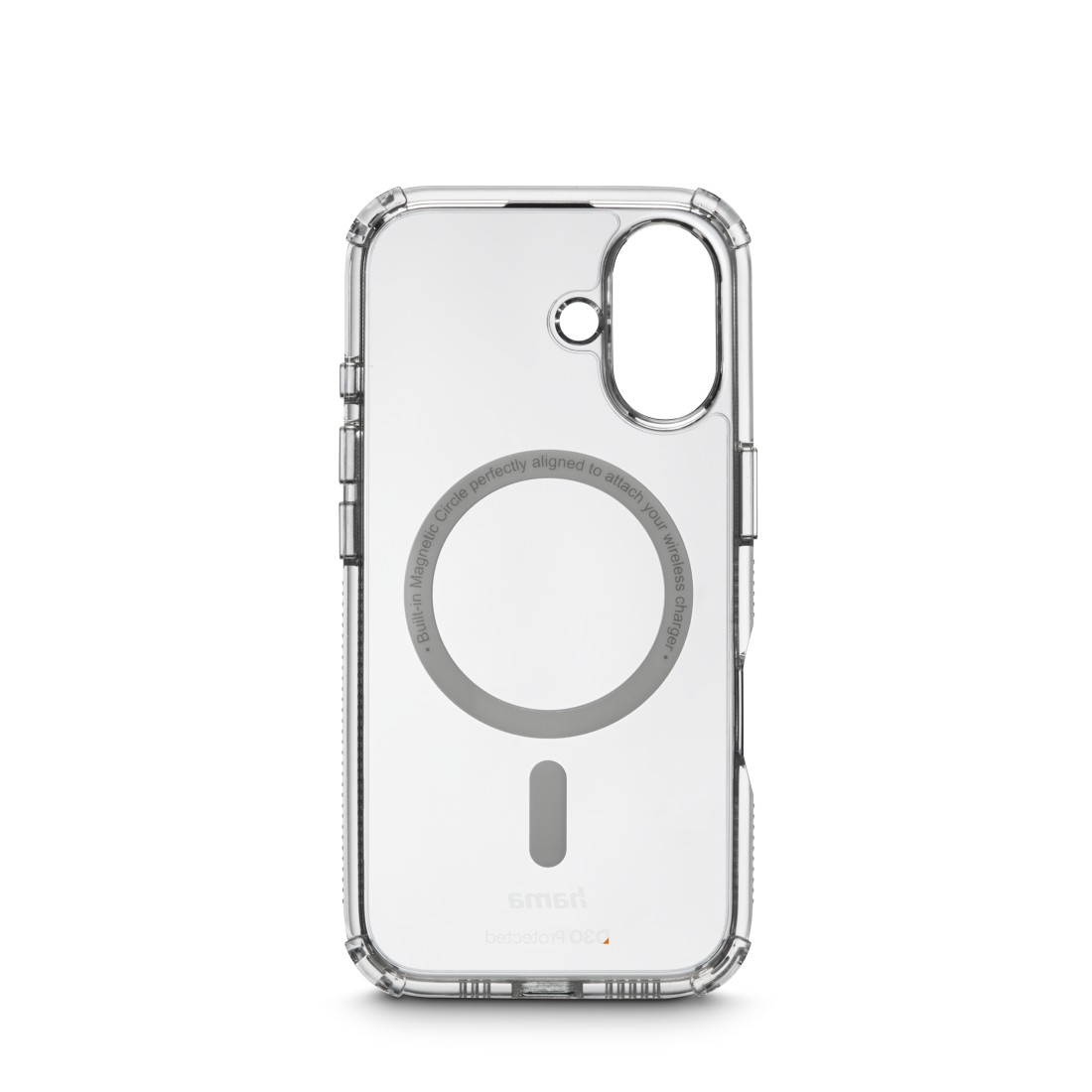 Transparente iPhone-Hülle mit MagSafe-Ring und Aussparungen für die Kamera. Weißer Hintergrund.