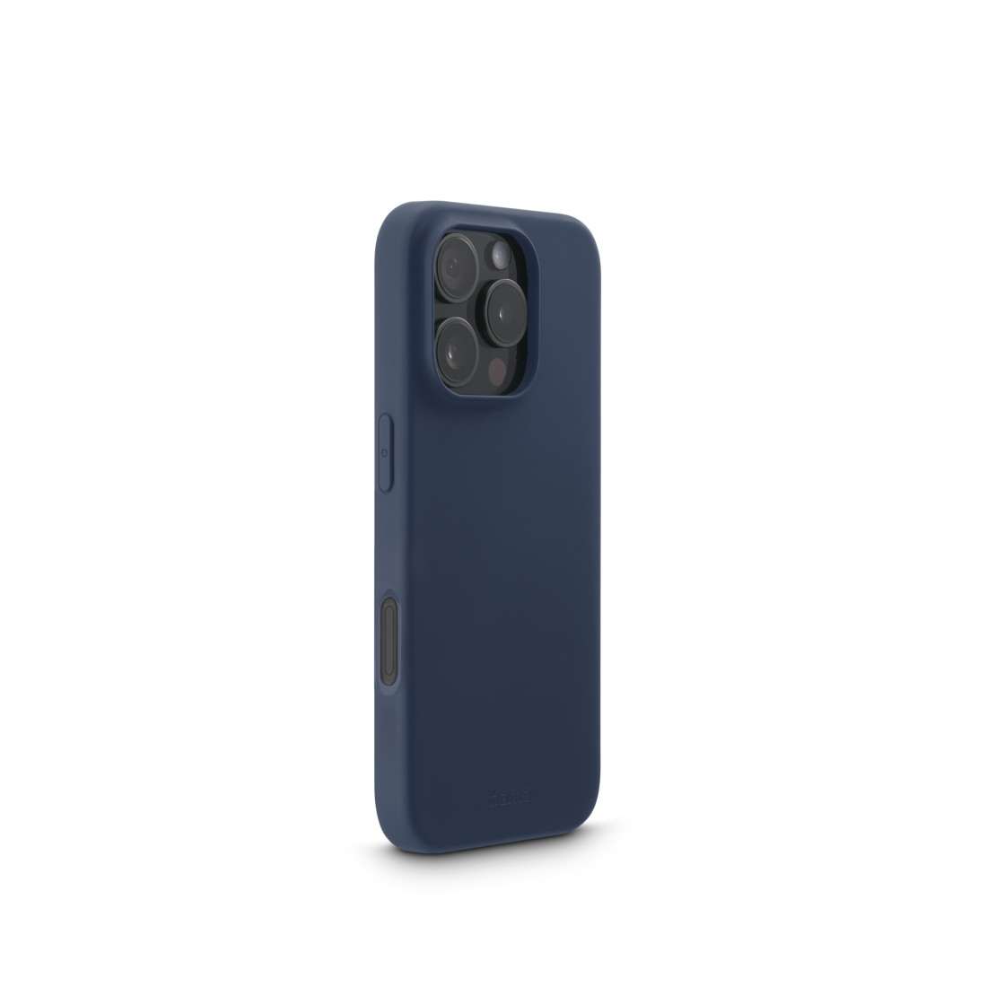 Dunkelblaue Handyhülle, bedeckt ein Telefon, Kameralinsen sichtbar.