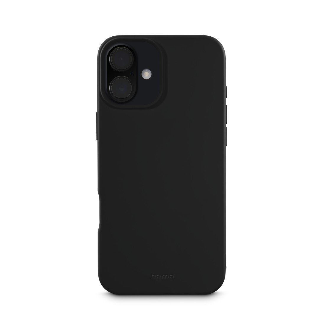 Schwarze Handyhülle mit Ausschnitten für die Dual-Kamera. Die Hülle hat eine matte Oberfläche und bedeckt die Rückseite.