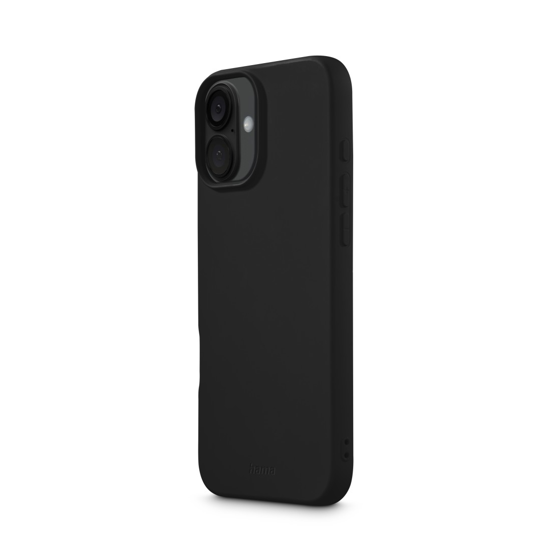 Schwarzes iPhone in einer schwarzen Hülle. Seitenansicht, Kamera und Knöpfe sichtbar. Weißer Hintergrund.